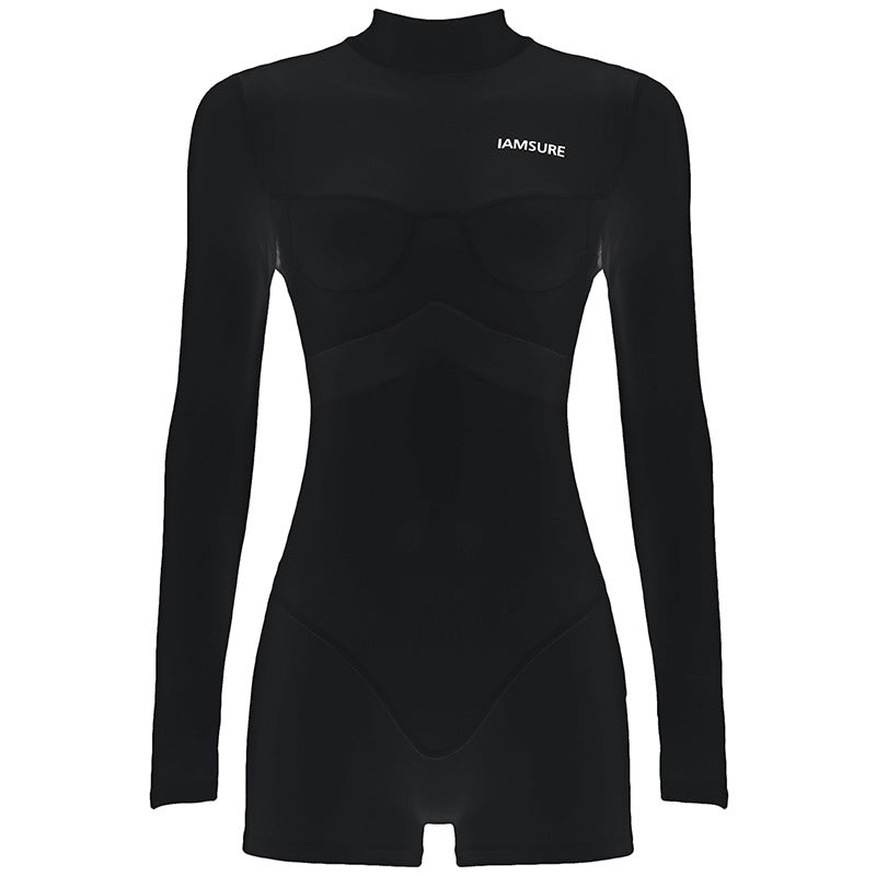 Mono de una pieza ajustado de manga larga con cuello alto y costuras de malla informal y sexy para mujer