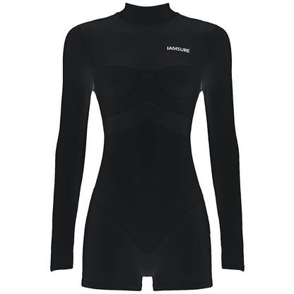 Mono de una pieza ajustado de manga larga con cuello alto y costuras de malla informal y sexy para mujer