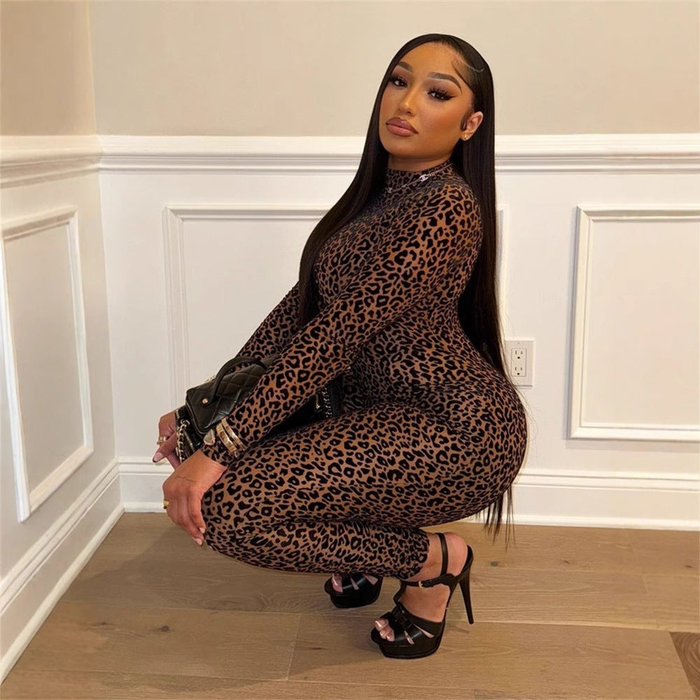 Mono de manga larga con estampado de leopardo sexy ajustado y elástico que combina con todo para mujer de otoño