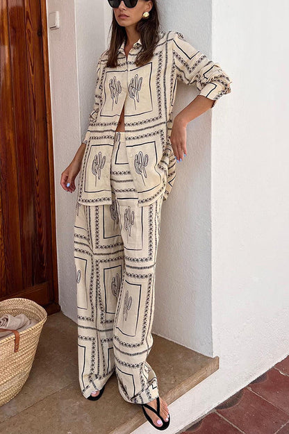 Camisa de manga larga estampada Pantalones Traje de dos piezas Ropa para el hogar