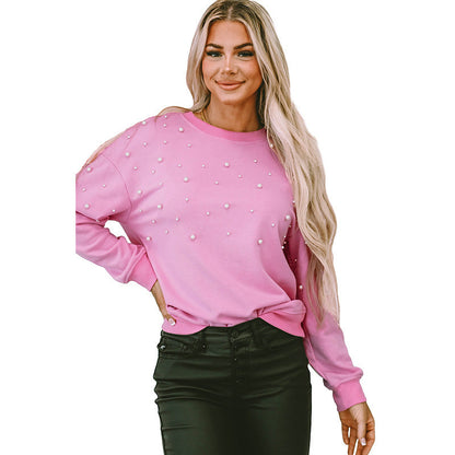 Suéter de otoño e invierno con cuello redondo, hombros caídos y manga larga de color liso para mujer, jersey con cuentas de perlas.