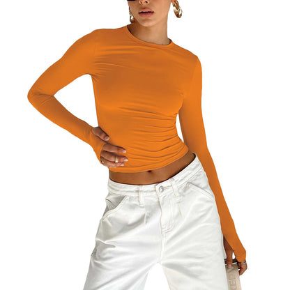 Camiseta de cuello redondo de color liso para mujer, camiseta sexy ajustada de manga larga, camiseta de otoño e invierno