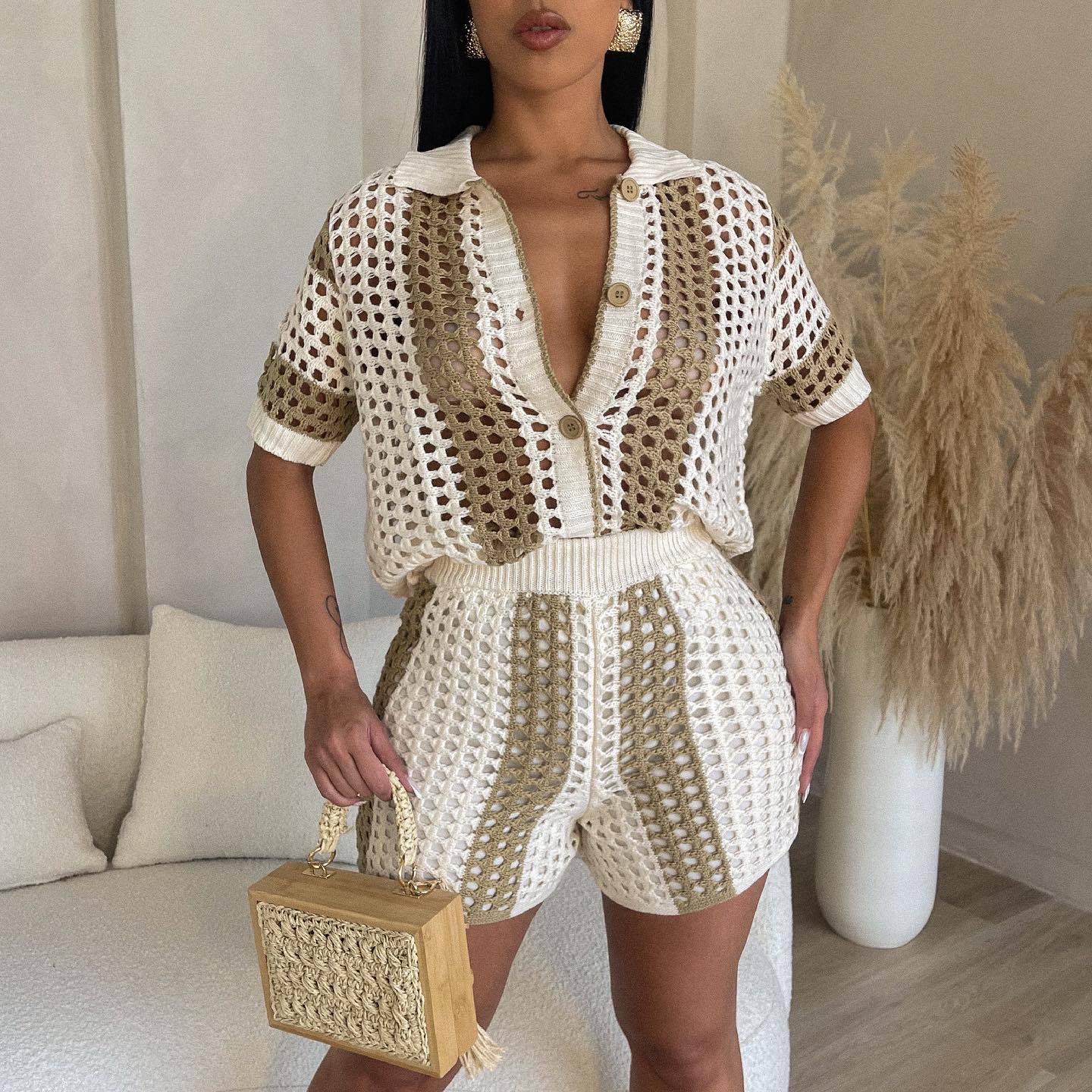Ropa de mujer sexy para mujer, traje corto de punto con cuello transparente y aberturas