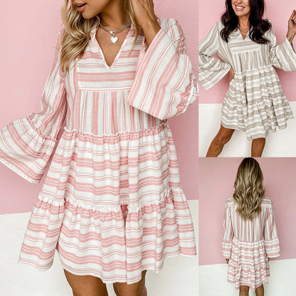 Vestido babydoll informal con cuello en V, manga larga, acampanado y estampado floral para mujer, primavera y verano