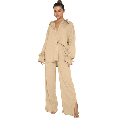 Traje de pantalón elegante para mujer, top de manga larga con lazo y cuello polo de color liso para otoño e invierno