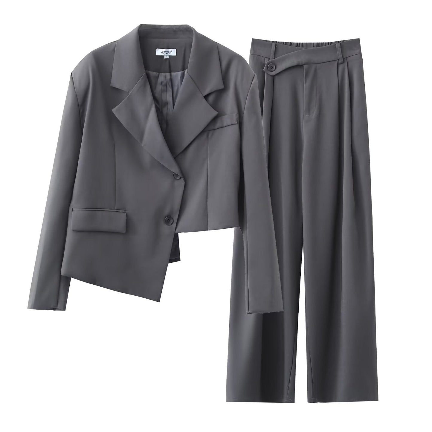 Conjunto de blazer corto con diseño asimétrico irregular para otoño e invierno, pantalones de pierna ancha y cintura alta