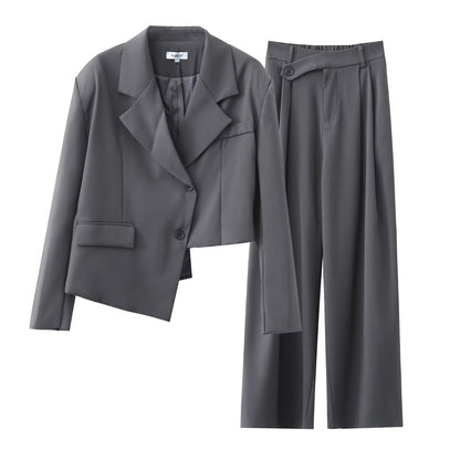 Conjunto de blazer corto con diseño asimétrico irregular para otoño e invierno, pantalones de pierna ancha y cintura alta