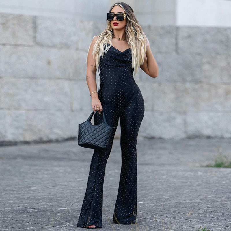 Pantalones siameses sexis con diamantes de imitación para mujer, elegantes, ajustados, con escote en V y pantalones acampanados, mono