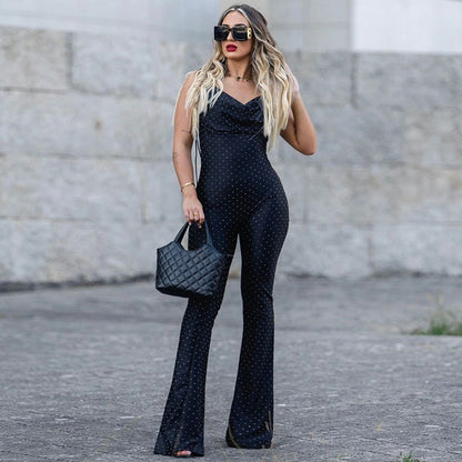 Pantalones siameses sexis con diamantes de imitación para mujer, elegantes, ajustados, con escote en V y pantalones acampanados, mono