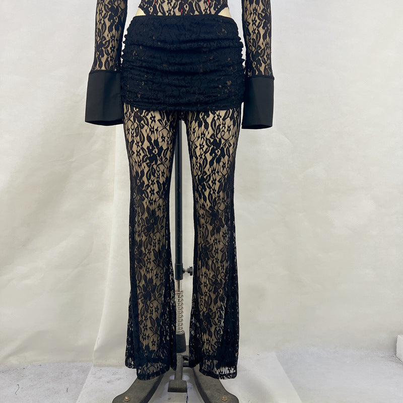 Conjunto de top de manga larga con escote en V profundo y costuras de encaje sexy para mujer, pantalones acampanados de cintura alta transparentes y ajustados