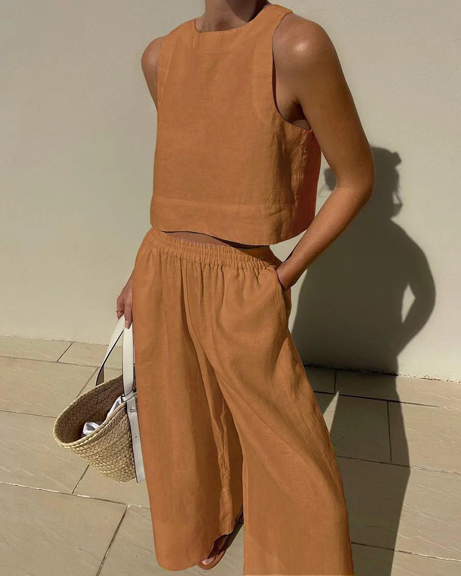 Conjunto de dos piezas de camisa y pantalones holgados de color liso sin mangas y estilo casual de talla grande