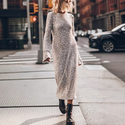 Simple Sequin Street Long Sleeve Dress Women