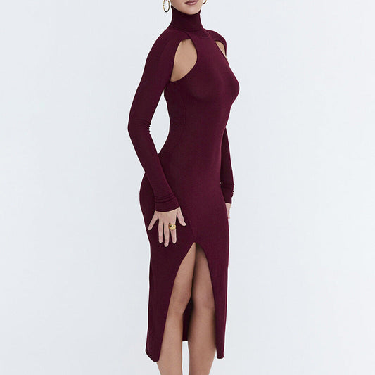 Women Sexy Slim Deep Cerise Hollow Out Cutout Split Mid Length Dress