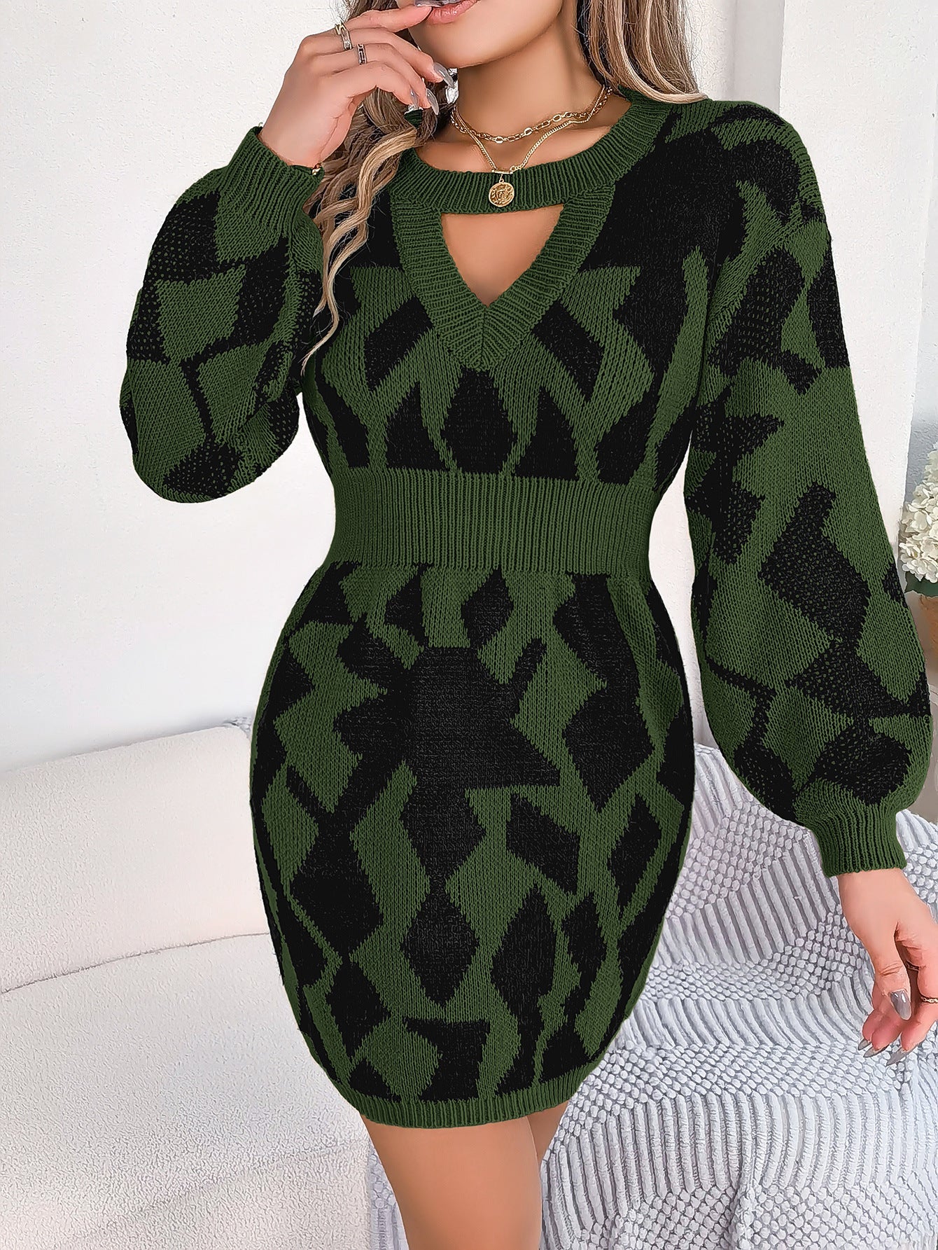 Vestido tipo suéter ajustado con mangas abullonadas y corte a juego de colores para otoño e invierno, ropa informal para mujer