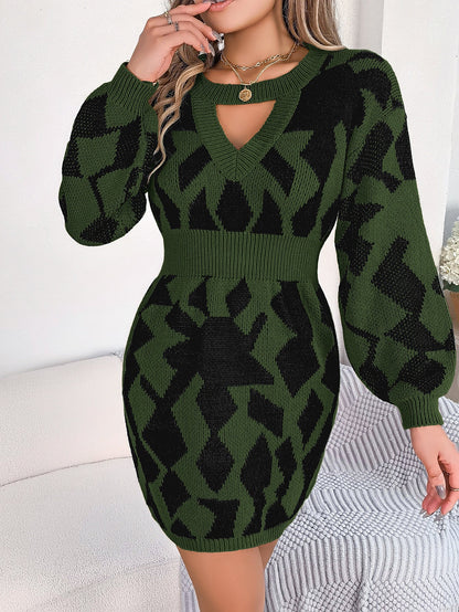 Vestido tipo suéter ajustado con mangas abullonadas y corte a juego de colores para otoño e invierno, ropa informal para mujer