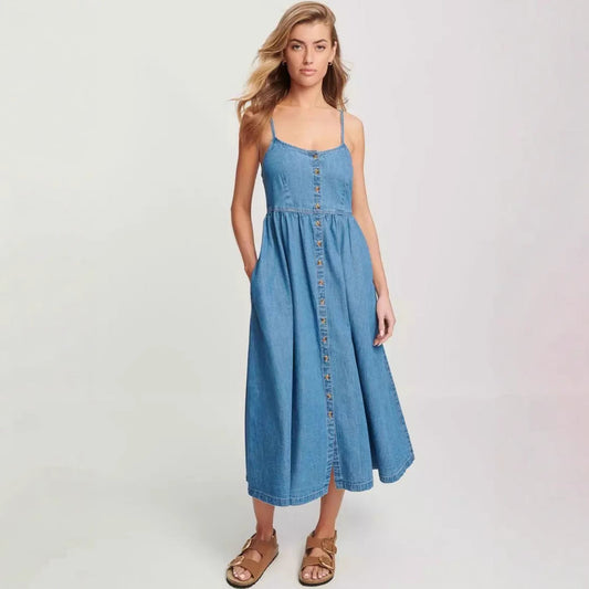 Vestido de mezclilla con tirantes para oficina de primavera y verano para mujer