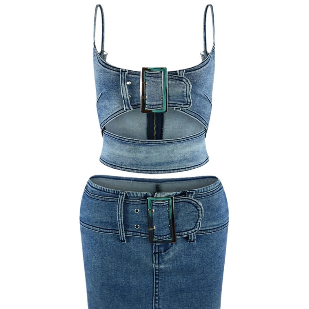 Traje vaquero informal elástico con hebilla ajustable de dos piezas para mujer