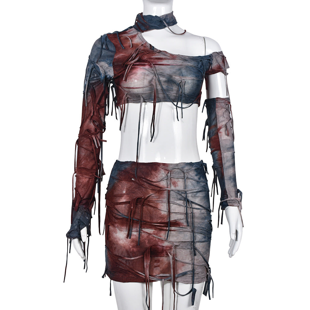 Conjunto Wansheng sexy con borlas rasgadas y contraste de colores, con efecto tie dye para mujer
