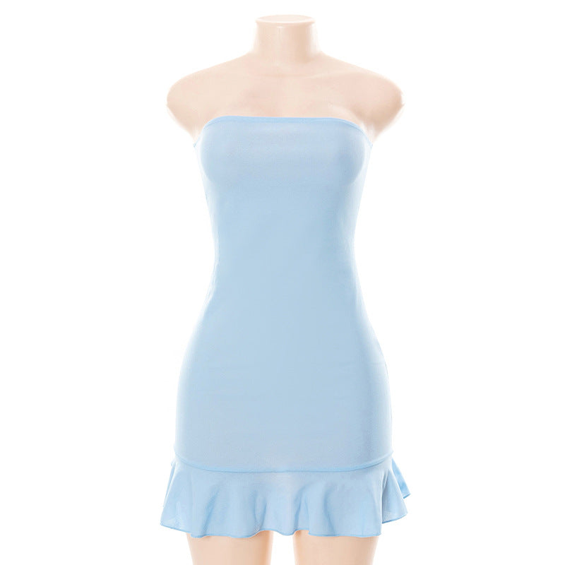 Vestido de verano para mujer, sin mangas, con hombros descubiertos y cintura alta, color liso