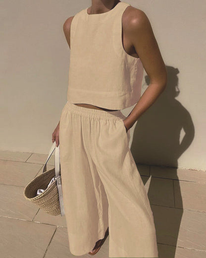 Conjunto de dos piezas de camisa y pantalones holgados de color liso sin mangas y estilo casual de talla grande