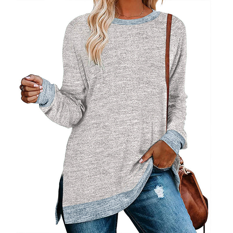 Camiseta informal holgada de manga larga con cuello redondo y abertura multicolor para mujer