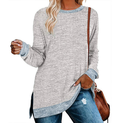 Camiseta informal holgada de manga larga con cuello redondo y abertura multicolor para mujer