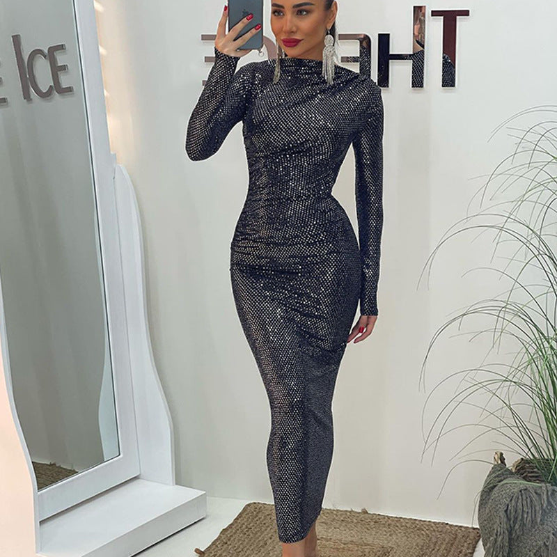 Vestido ajustado de manga larga, sexy, ajustado y elegante con diseño de lentejuelas para mujer