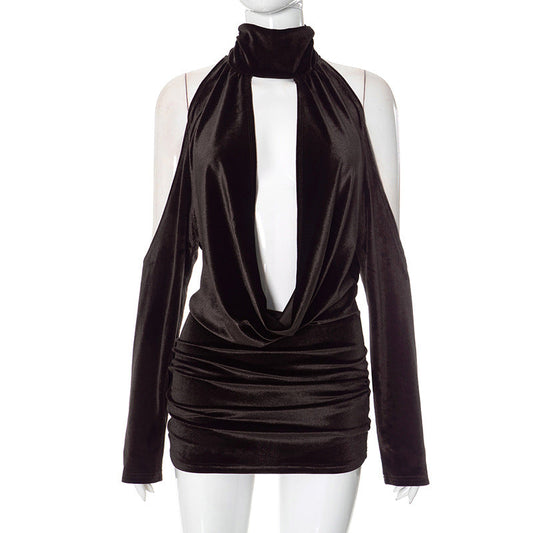 Vestido sexy de terciopelo con cuello halter y espalda descubierta para mujer