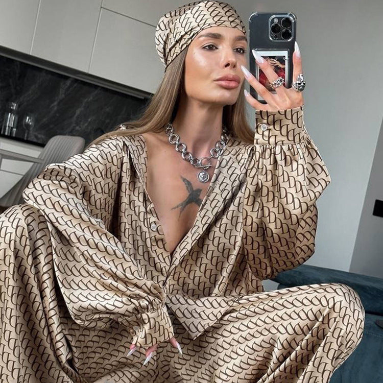 Traje de dos piezas de satén estampado para mujer, camisa holgada de manga larga y pantalones de primavera