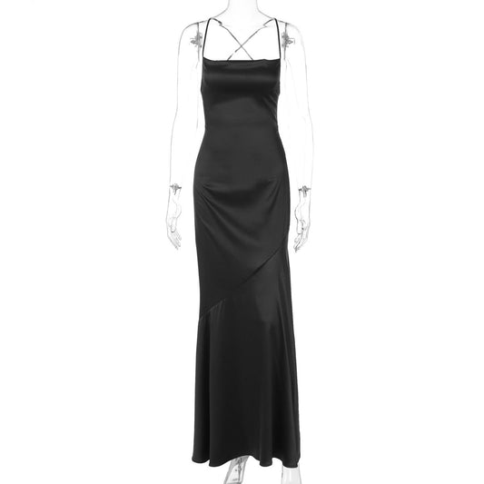Vestido de satén sexy con escote pronunciado y espalda descubierta para mujer, primavera y verano