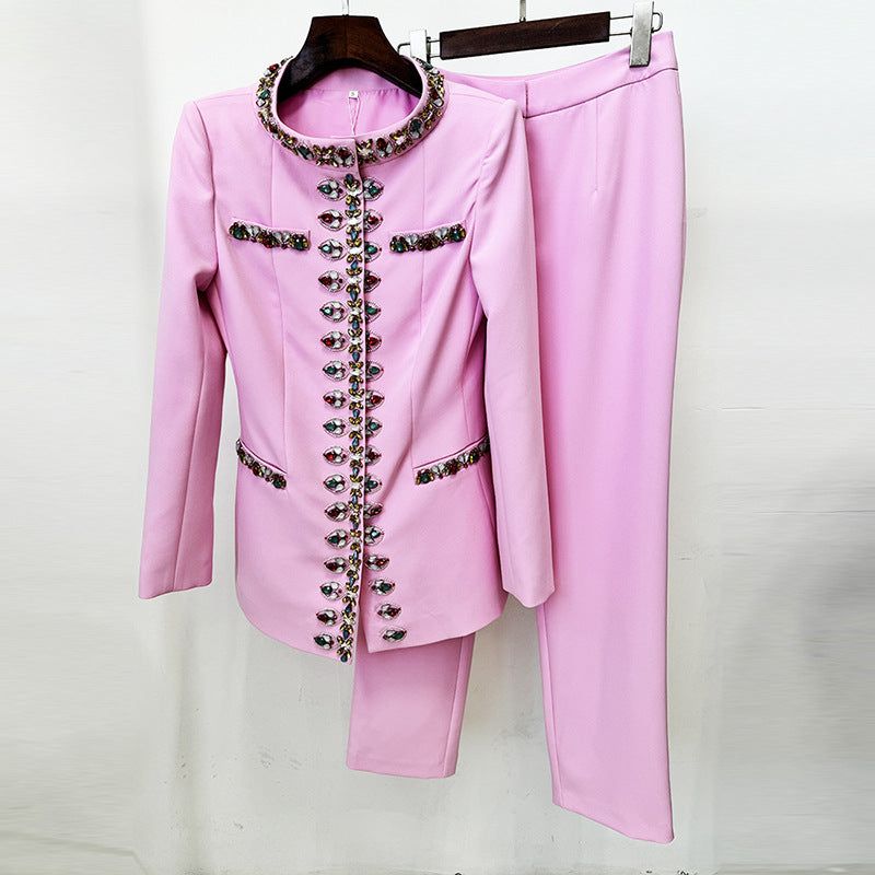 Conjunto de dos piezas de chaqueta y pantalón ajustado con cuentas de diamantes de la industria pesada de principios de primavera