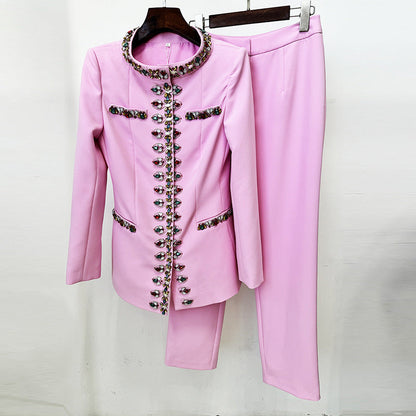 Conjunto de dos piezas de chaqueta y pantalón ajustado con cuentas de diamantes de la industria pesada de principios de primavera