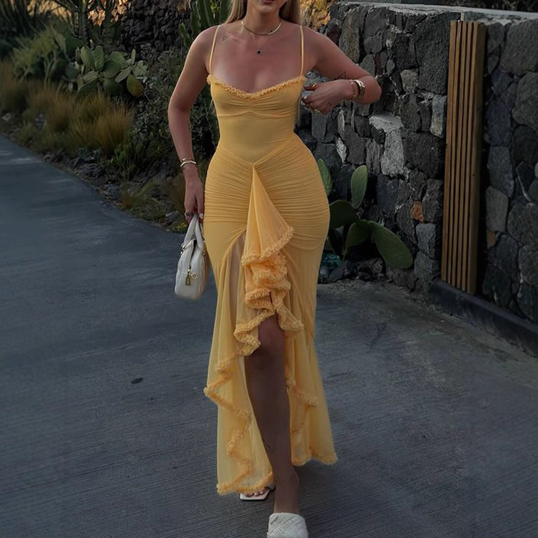 Vestido camisola de malla de alta calidad para mujer de principios de otoño, plisado, irregular, asimétrico, sin mangas