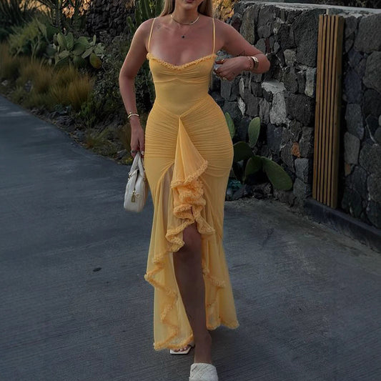 Early Autumn Women Wear High Grade Mesh Camisole Pleated Irregular Asymmetric Sleeveless Dress