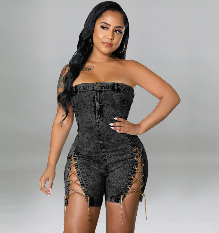 Women Clothing Spring Wear Copper Chain Sexy off-the-Shoulder Denim Dress Romper