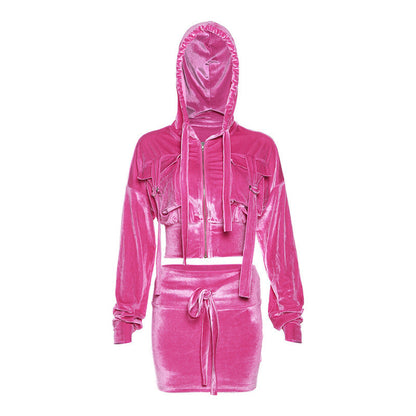 Conjunto de ropa de otoño para mujer, cárdigan con capucha y bolsillo personalizado, falda informal de cintura alta y corta