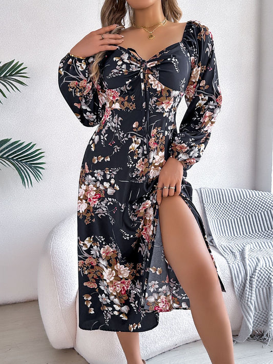 Vestido de primavera-verano sexy con encaje y nudo floral de manga larga con abertura para mujer