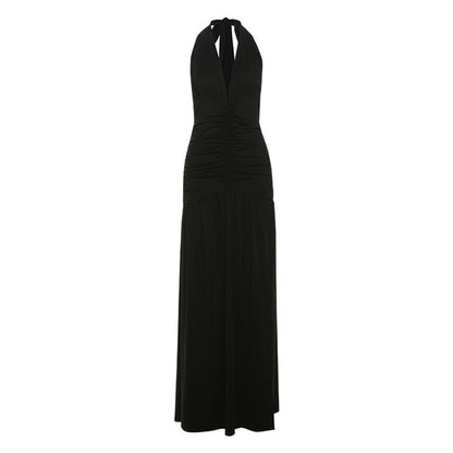 Summer Women Clothing Elegant Halter V neck Dress Sexy Slit Pleated Backless Dress