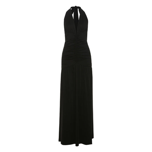 Summer Women Clothing Elegant Halter V neck Dress Sexy Slit Pleated Backless Dress