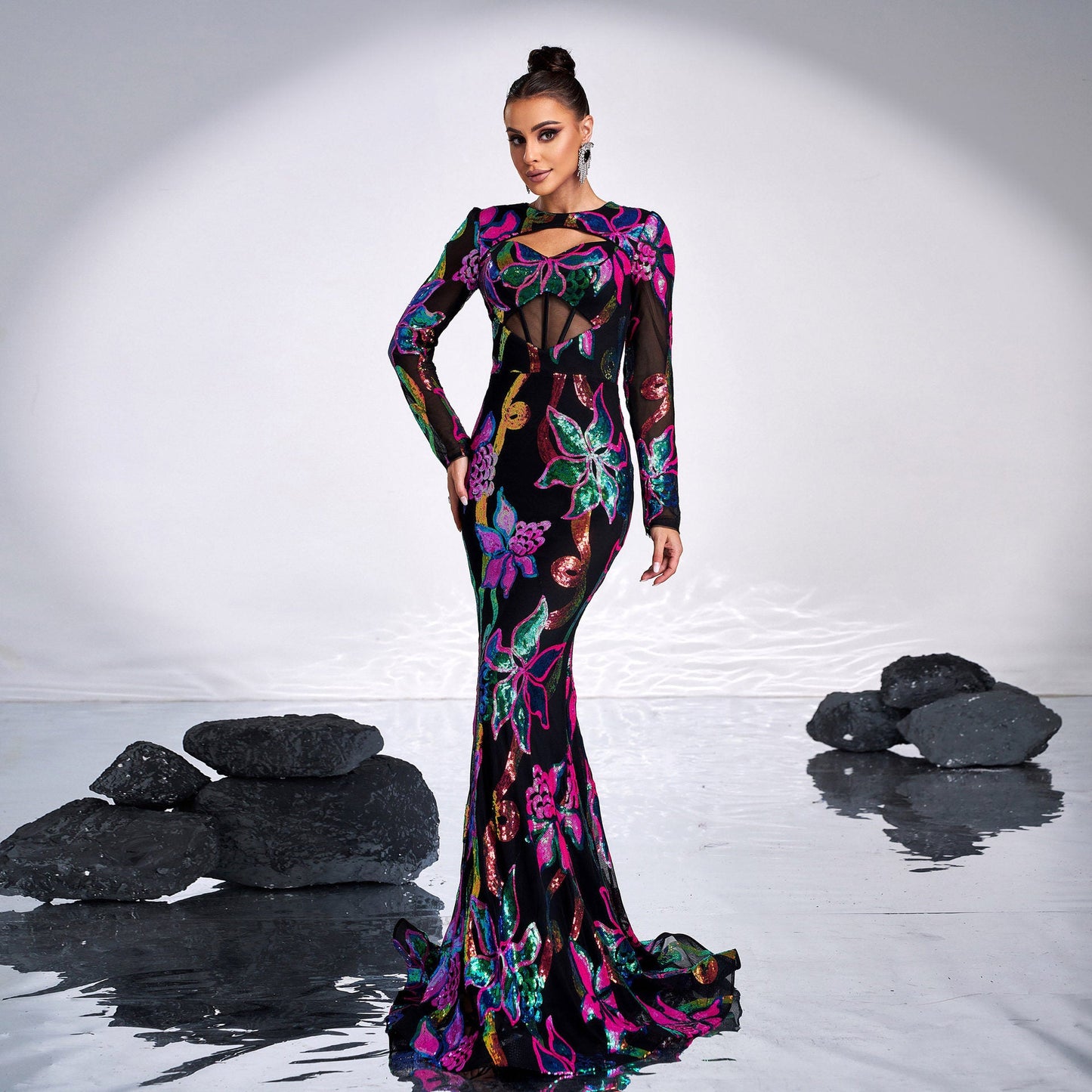 Vestido de noche de cola de pez para cóctel, sexy, con escote redondo y manga larga, con aberturas y lentejuelas, para dama de honor
