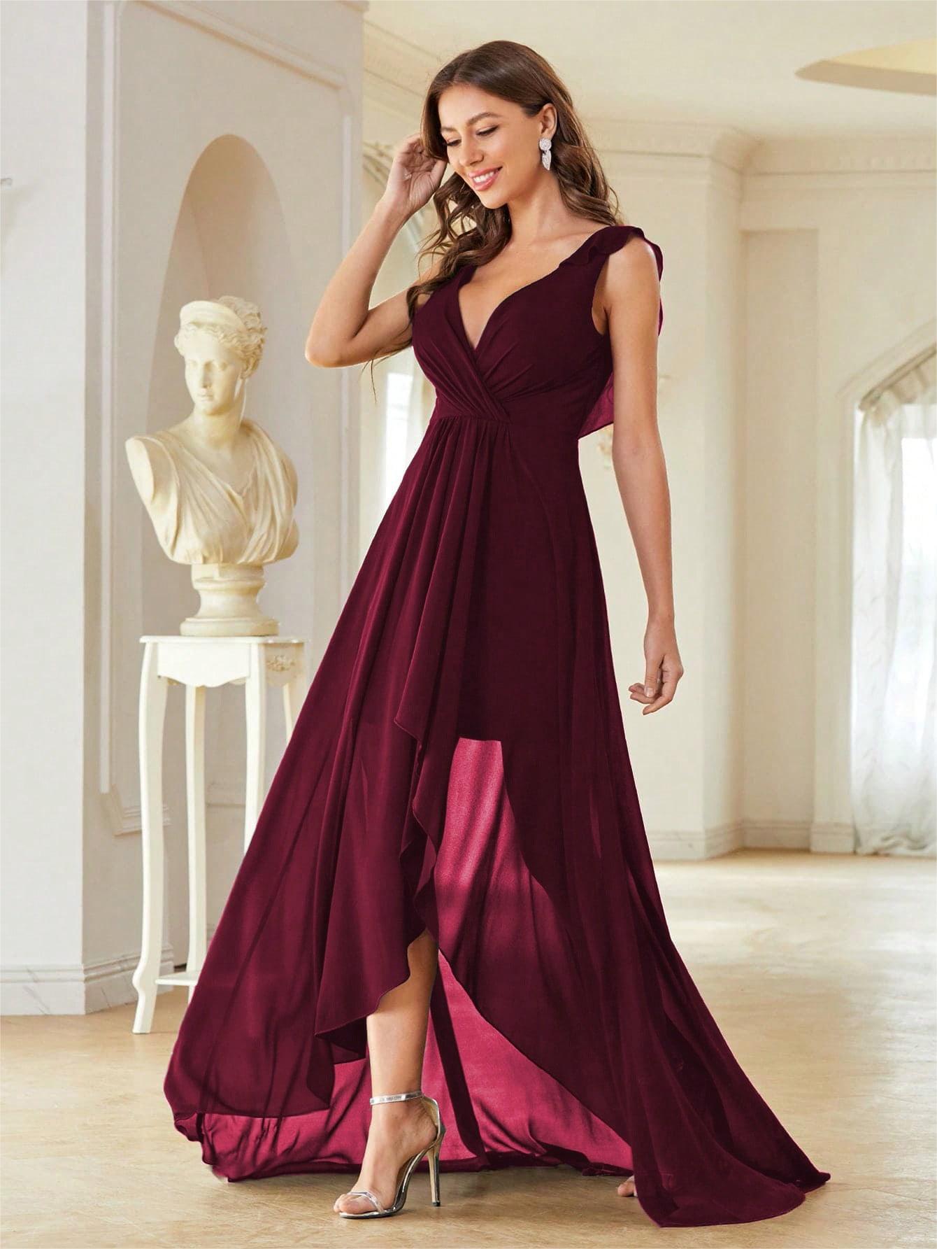 Vestido de noche de gasa con escote en V, plisado en el pecho, sin espalda, corto, largo, para baile, fiesta, dama de honor