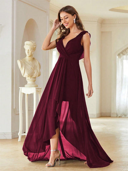 Vestido de noche de gasa con escote en V, plisado en el pecho, sin espalda, corto, largo, para baile, fiesta, dama de honor