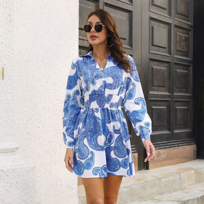 Vestido tipo blusa con estampado de cachemira para mujer, cuello fruncido, cintura fruncida, manga larga, primavera y otoño