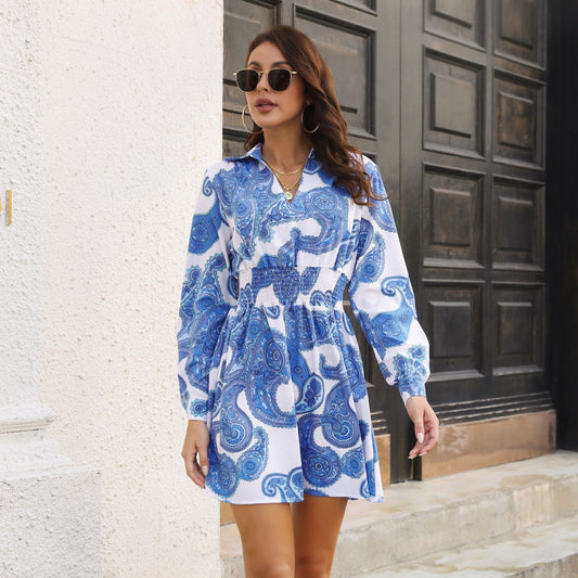 Vestido tipo blusa con estampado de cachemira para mujer, cuello fruncido, cintura fruncida, manga larga, primavera y otoño