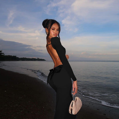 Vestido ajustado con lazo y espalda descubierta de manga larga sexy para vacaciones de otoño para mujer