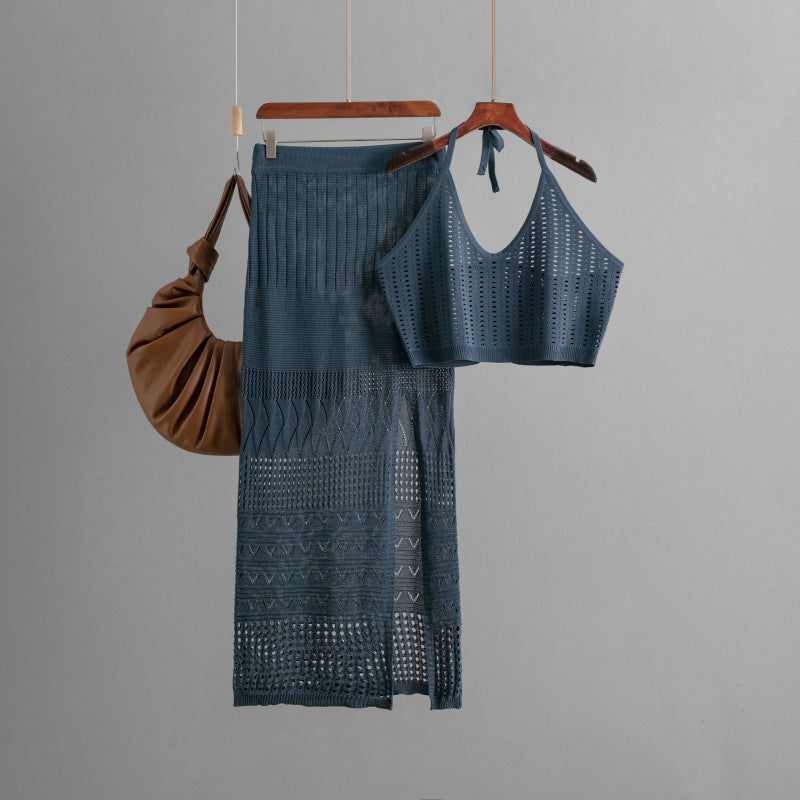 Ropa de mujer, chaleco corto de verano, top de dos piezas, cintura alta, adelgazante, falda con abertura en la cadera