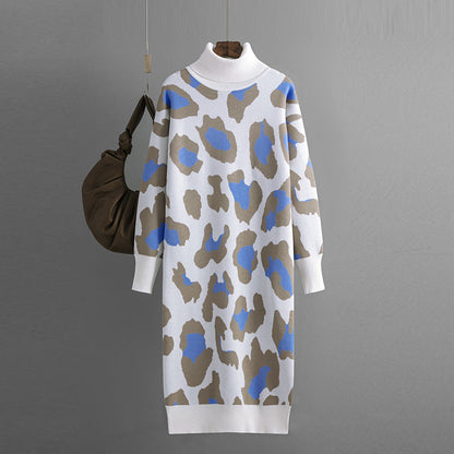 Vestido de punto con cuello alto y estampado de leopardo para mujer, otoño e invierno