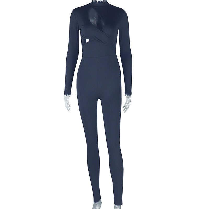 Mono elegante para mujer, ajustado, de color sólido, microelástico, de manga larga, con aberturas y cintura media, fino.