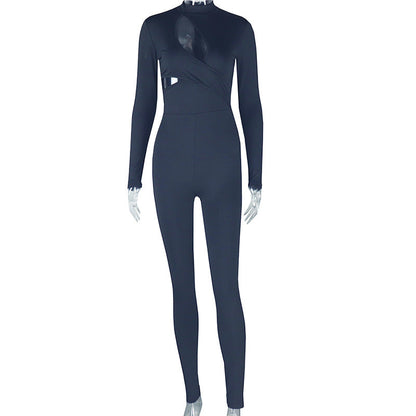 Mono elegante para mujer, ajustado, de color sólido, microelástico, de manga larga, con aberturas y cintura media, fino.