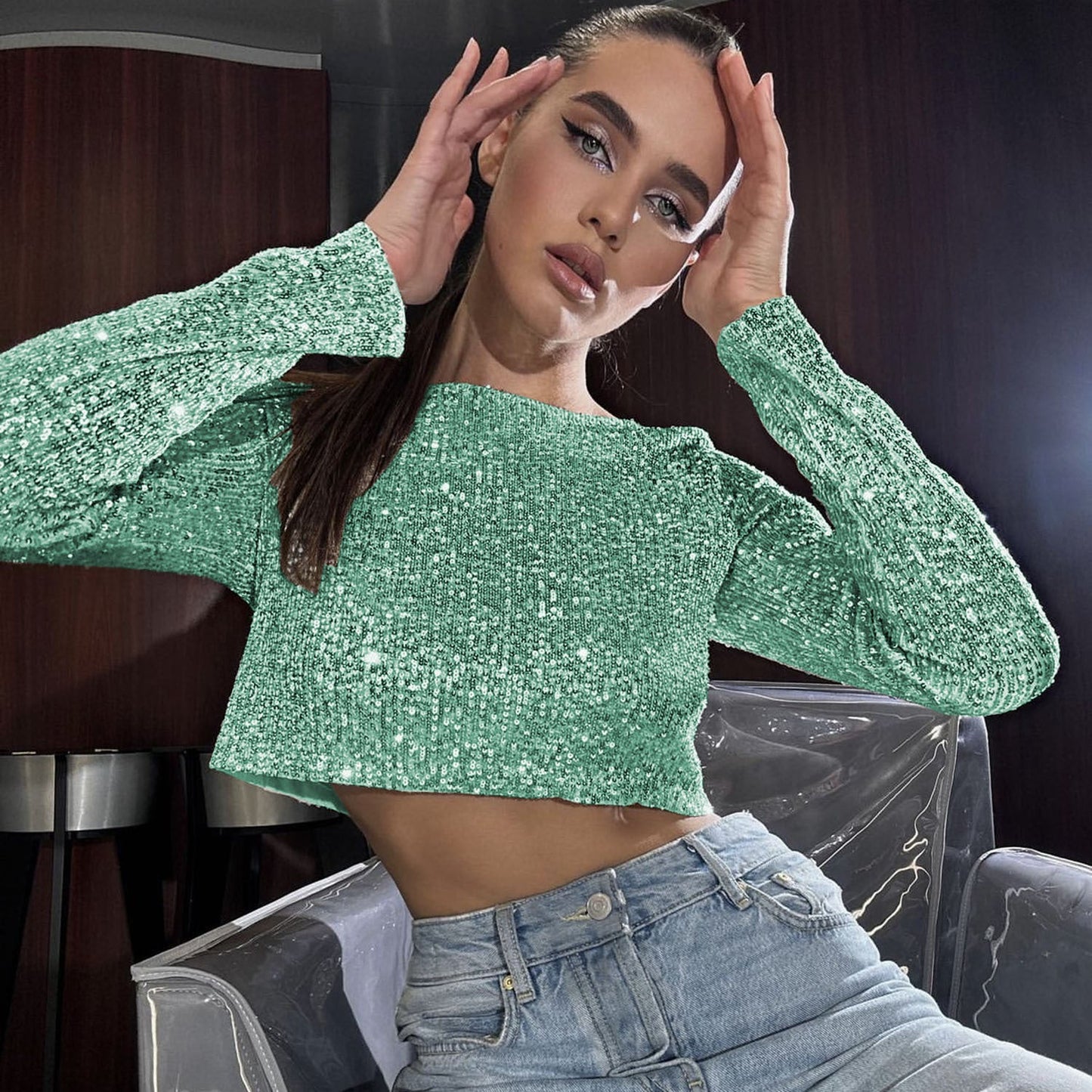 Conjunto de blusa y falda larga con lentejuelas para mujer, popular en primavera y otoño.